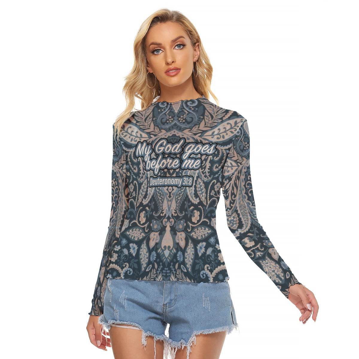 Blue Paisley Print Women's Mesh T-shirt "My God goes before me"