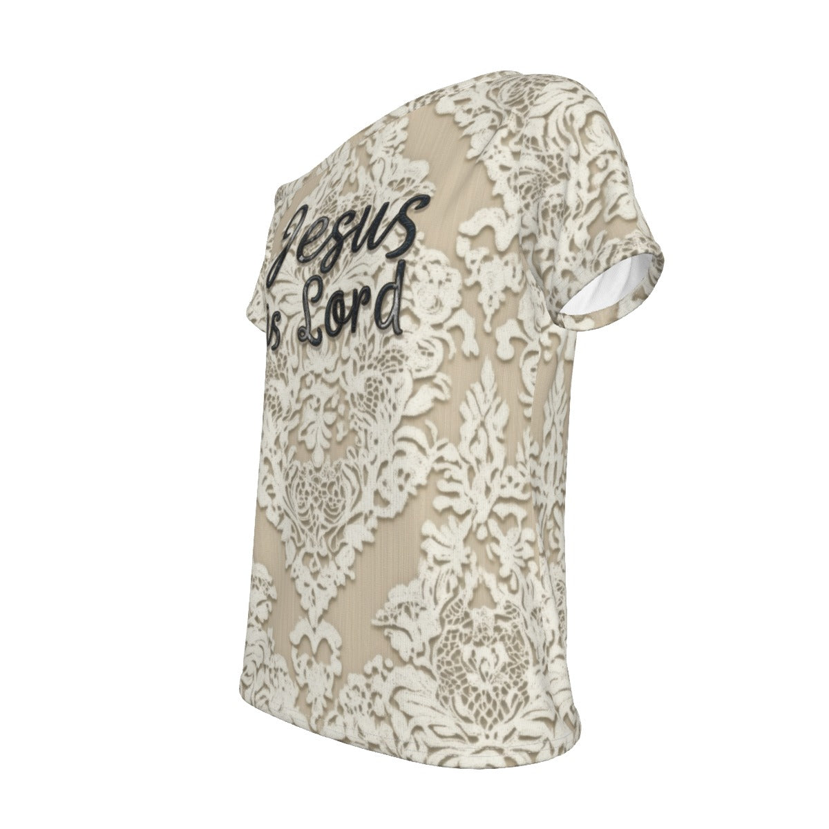 "Jesus is Lord" Faux Lace Women's Off-Shoulder Comfortable Jersey T-shirt, Showcasing Style & Versatility