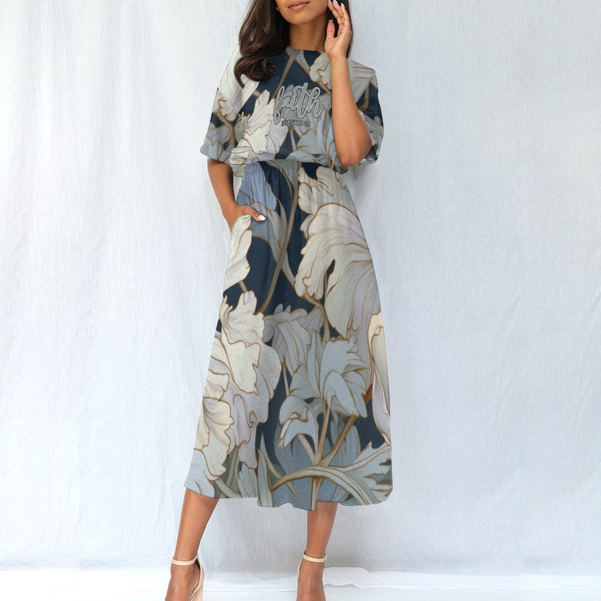 "Faith Ephesians 2:8" Blue & White Floralt Women's Elastic Waist Dress