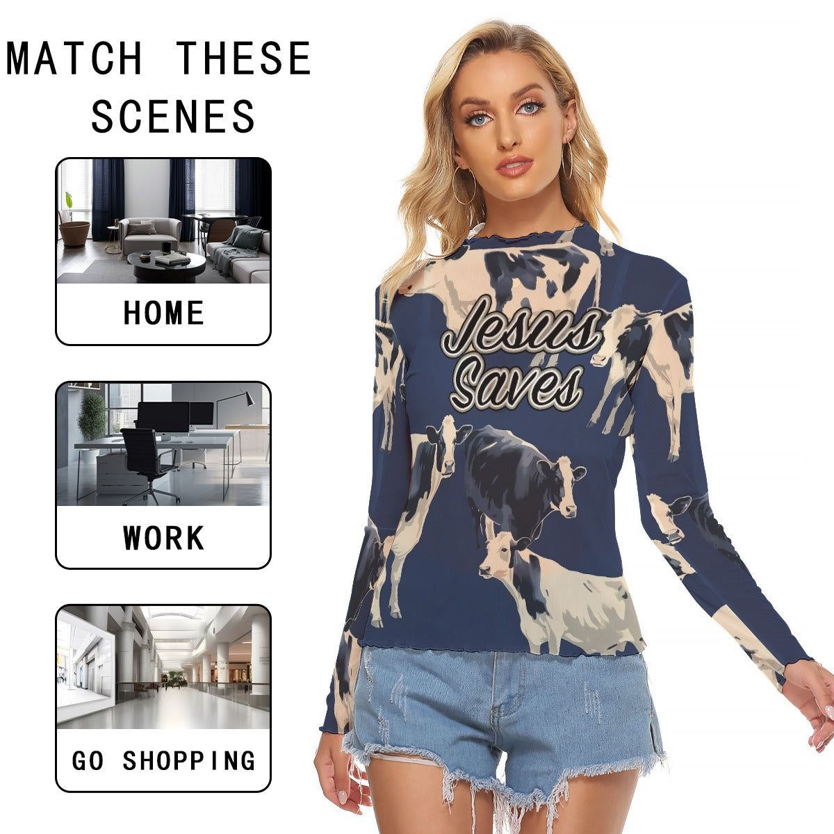 "Jesus Saves" Blue Cow Print Women's Mesh T-shirt