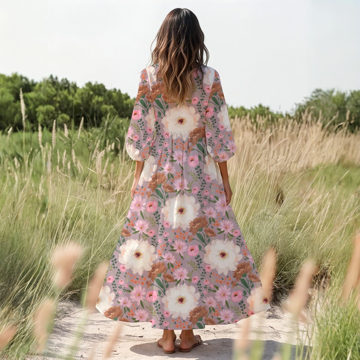 "Blessed Matthew 5:8" Women's White & Pink Floral Long Sleeve Dress with High Waist & Puff Sleeves
