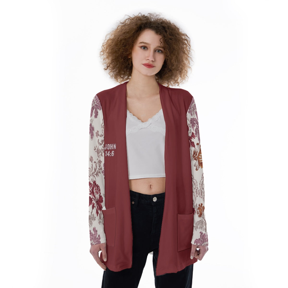 "John 14:6" Red Women's Cardigan With Pockets