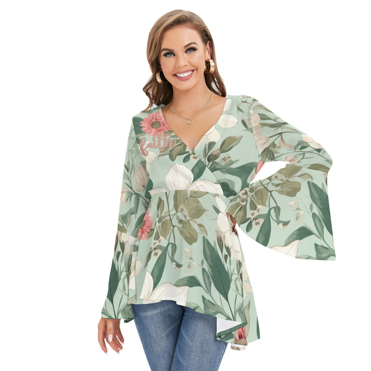 "Faith Ephesians 2:8" Women's V-neck Polyester Blouse with Flared Butterfly Sleeves