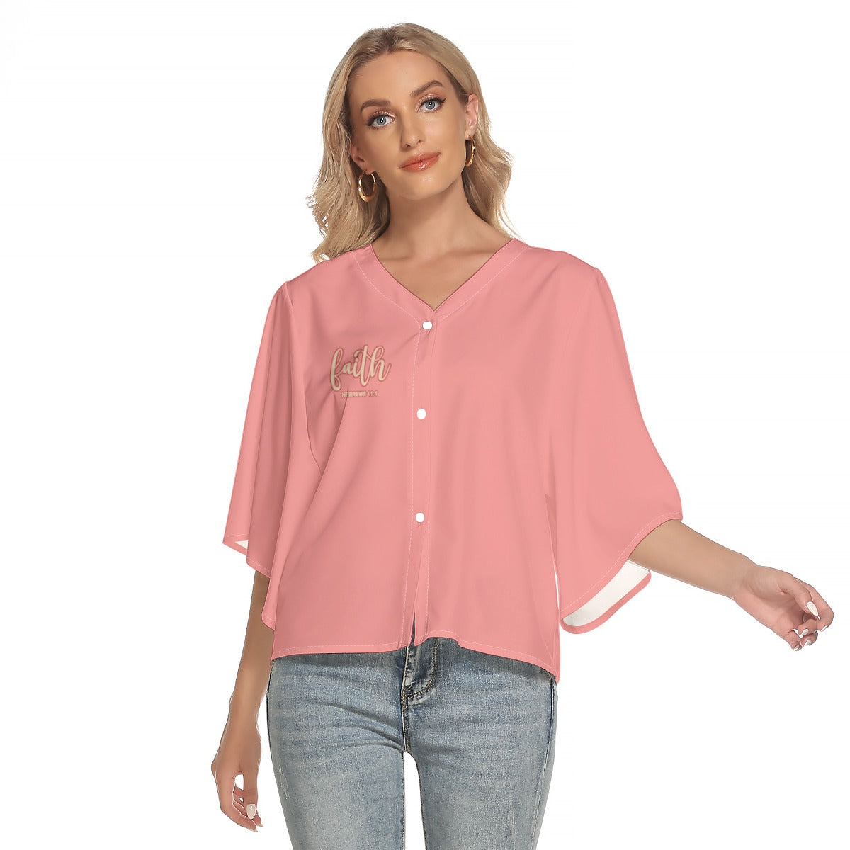 Pink Women's Bat Sleeve Light V-neck Front Buttoned Top "Faith Hebrews 11:1"