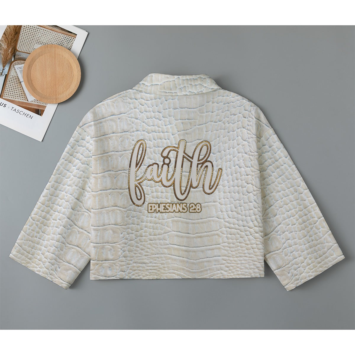 "Faith Ephesians 2:8" Cream Alligator Print Women's Cropped Jacket | 245GSM Cotton