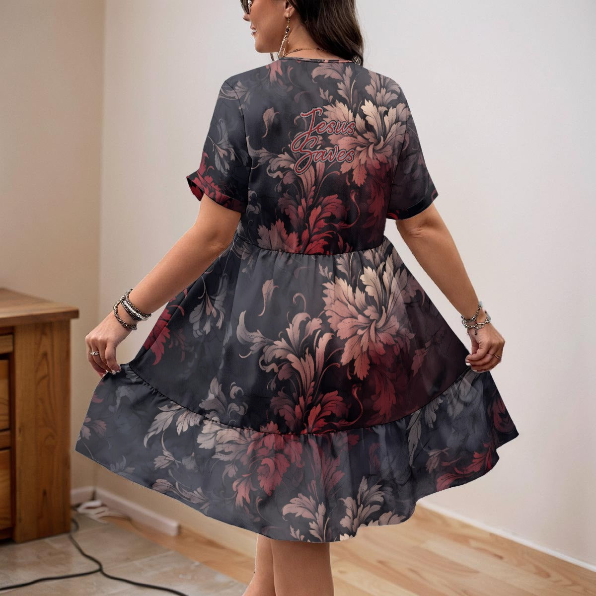 "Jesus Saves" Red Black Gray Floral Women’s Floral V-Neck Short Sleeve Dress
