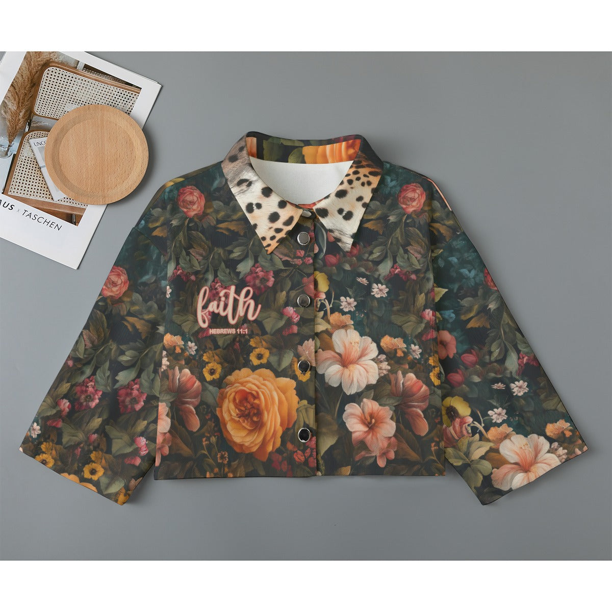 Leopard Floral Women's Cropped Jacket | 245GSM Cotton "Faith Hebrews 11:1"