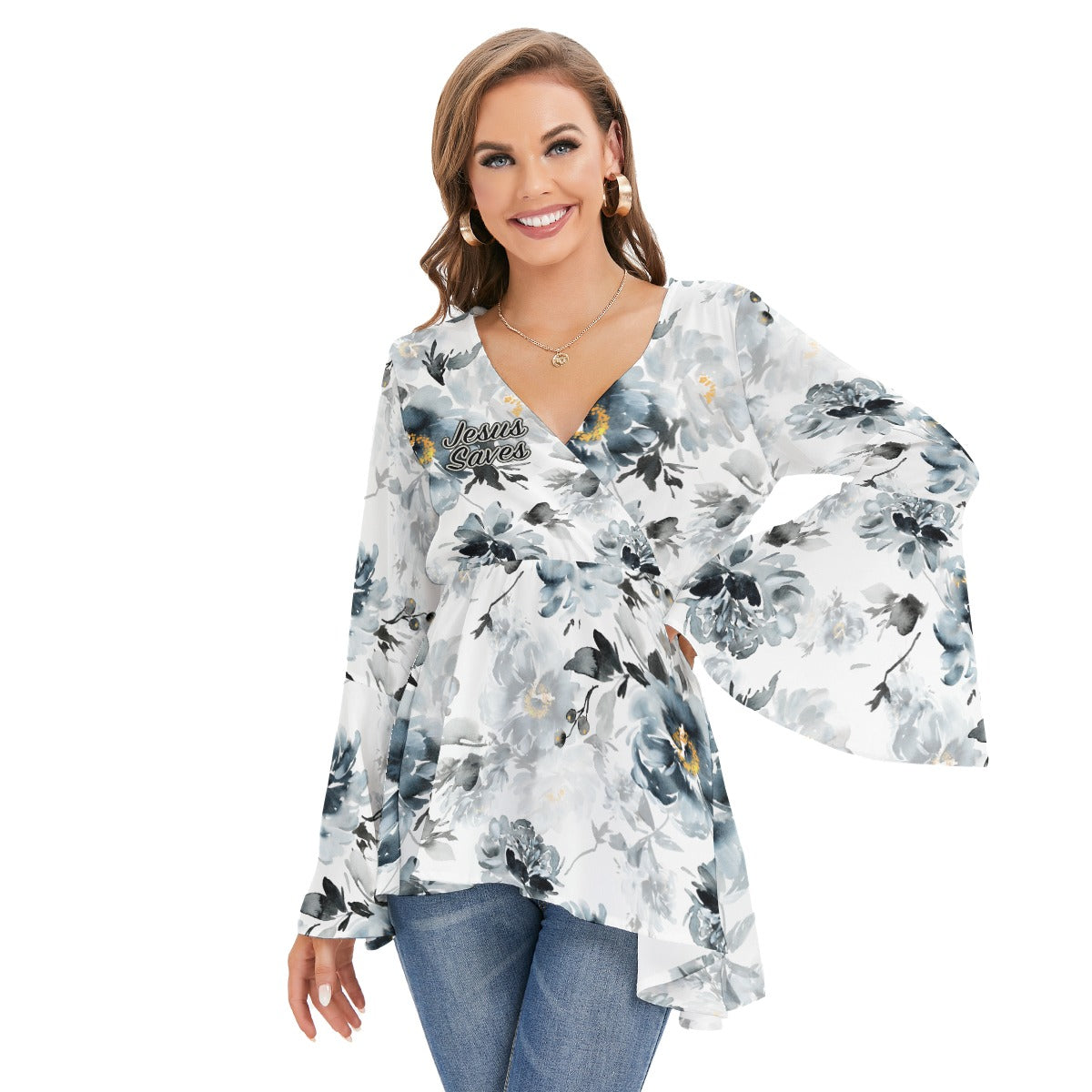 "Jesus Saves" White Blue & Black Floral Women's V-neck Blouse With Flared Sleeves