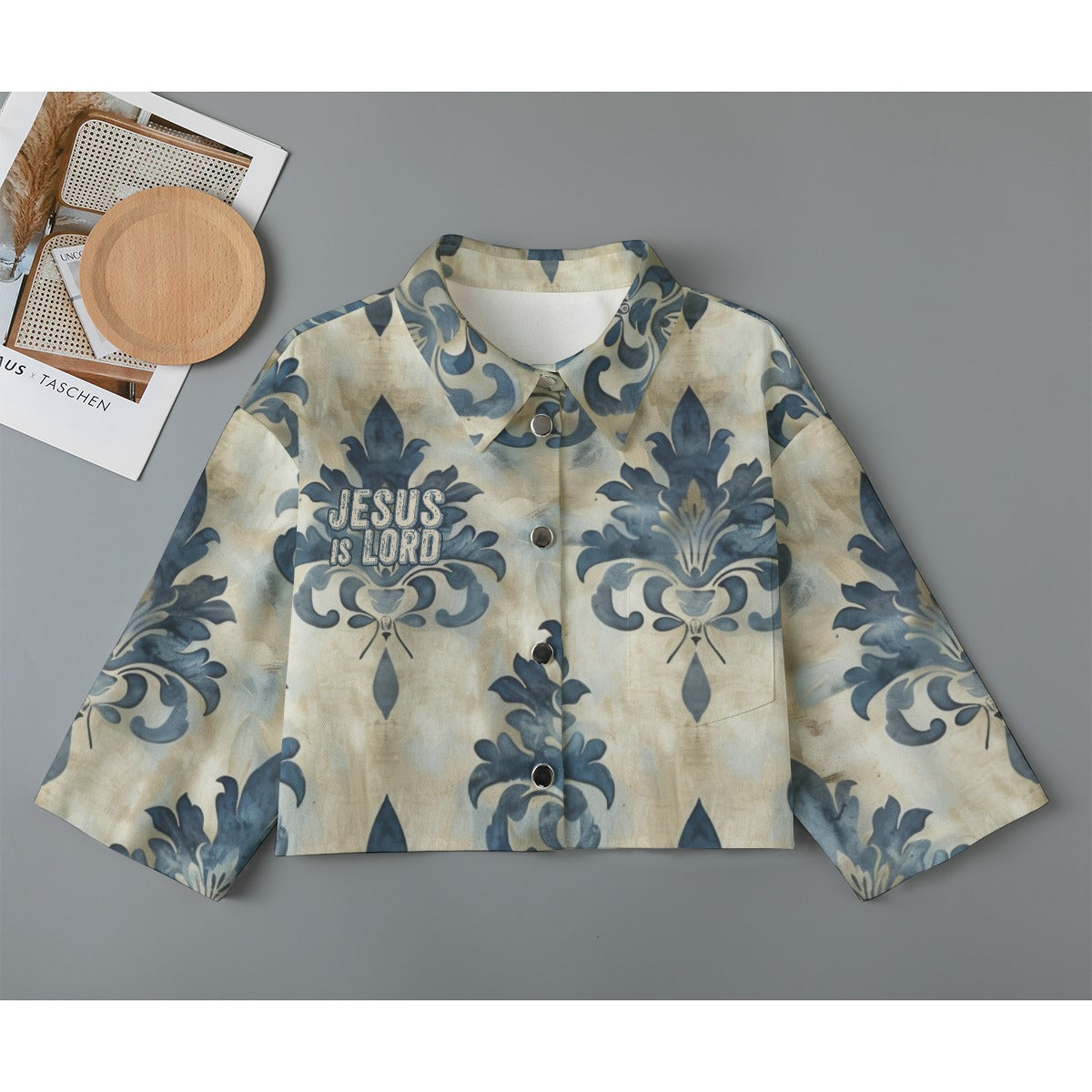 "Jesus is Lord" Blue & Beige Damask Pattern Women's Stylish Cropped Denim-Inspired Cardigan, Pure Cotton | 245GSM