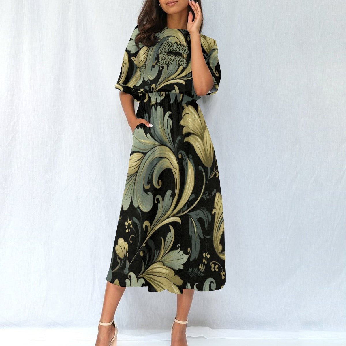 "Jesus Saves" Gold Green & Black Swirly Floral Women's Elastic Waist Dress with Four-Way Stretch for Everyday Fashion