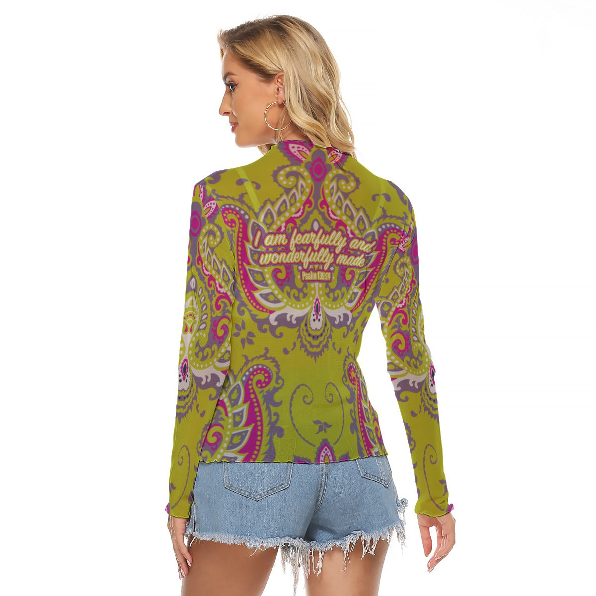 Lime Green Paisley Print Women's Mesh T-shirt "I am fearfully and wonderfully made"