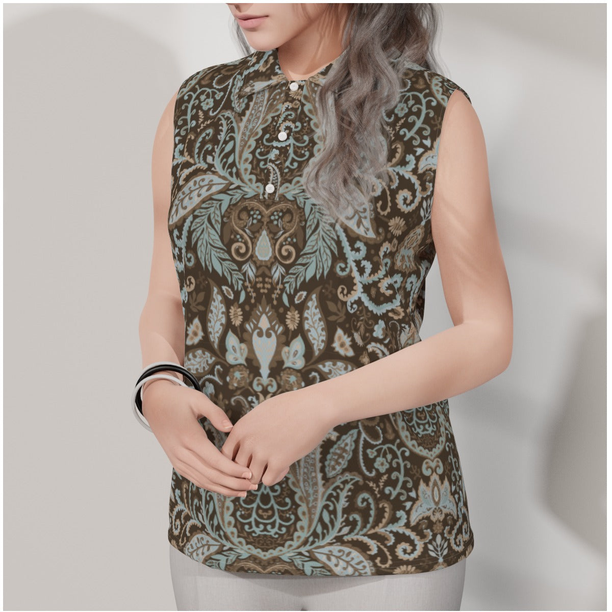 Brown Paisley Women's Sleeveless Polo Shirt "I am a servant of Righteousness"