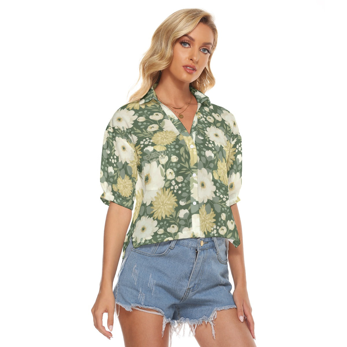 "Blessed Matthew 5:44" Green & White Floral Print Loose V-Neck Women's Shirt with Side Slits and Pockets