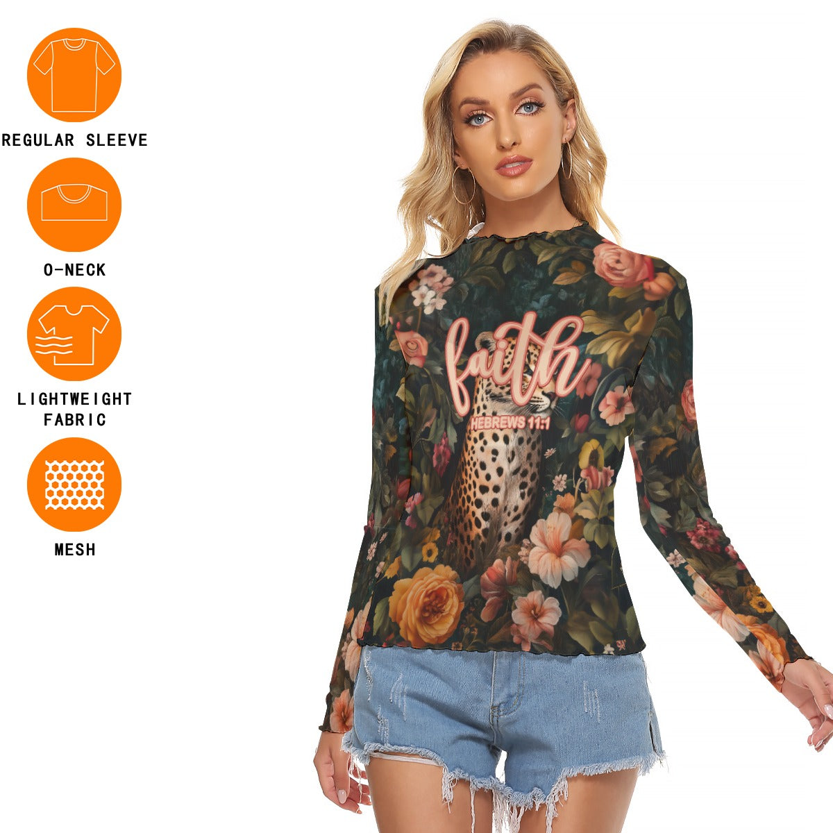 Leopard Floral Print Women's Mesh T-shirt Long Sleeve "Faith Hebrews 11:1"