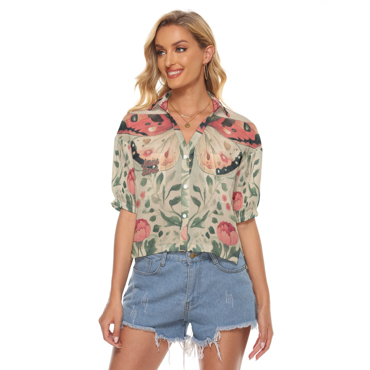 "Jesus Saves" Butterfly Floral Women's Fashionable V-neck Polyester Shirt with Side Slits and Double Pockets