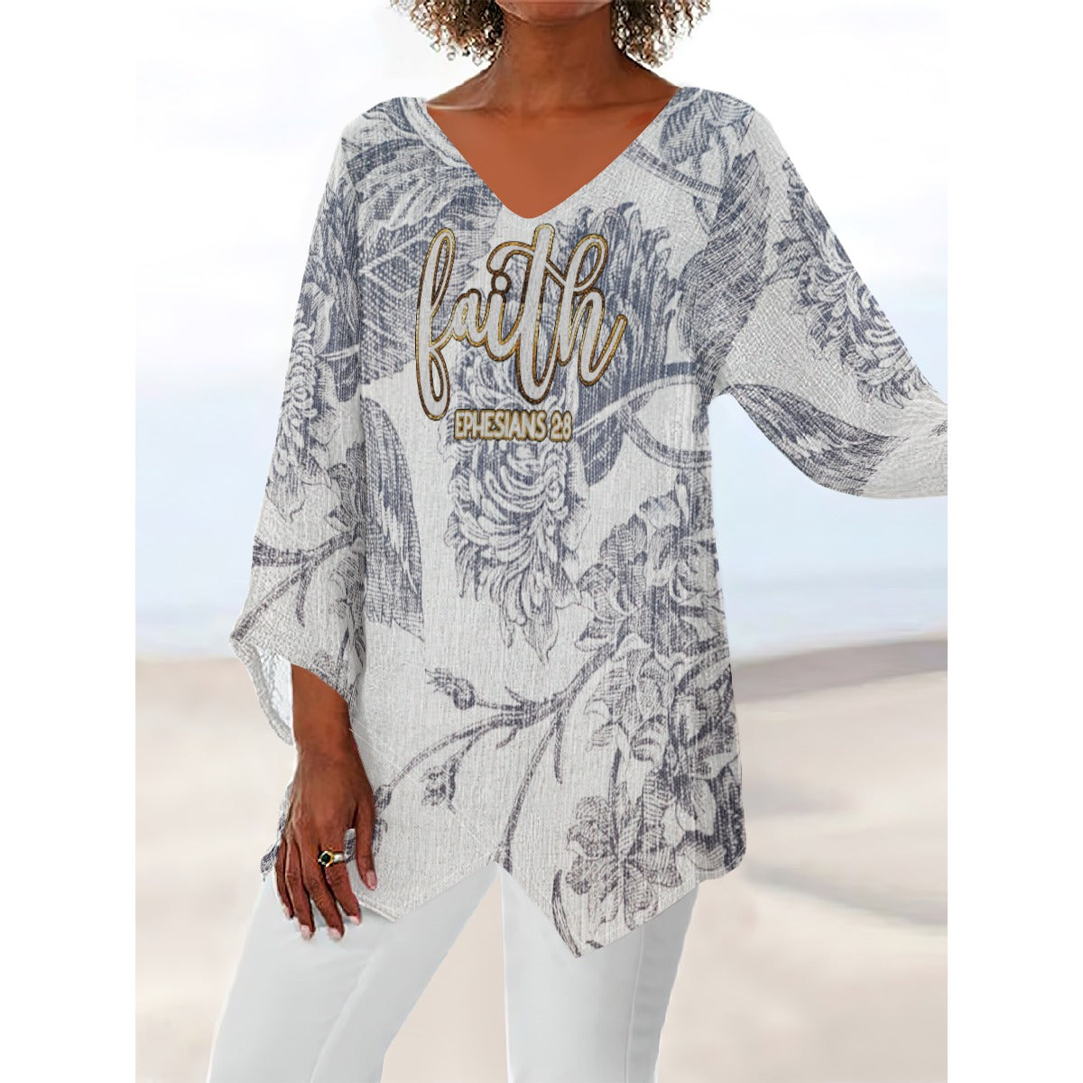 Women's V-neck T-shirt With Irregular Hem "Faith Ephesians 2:8"