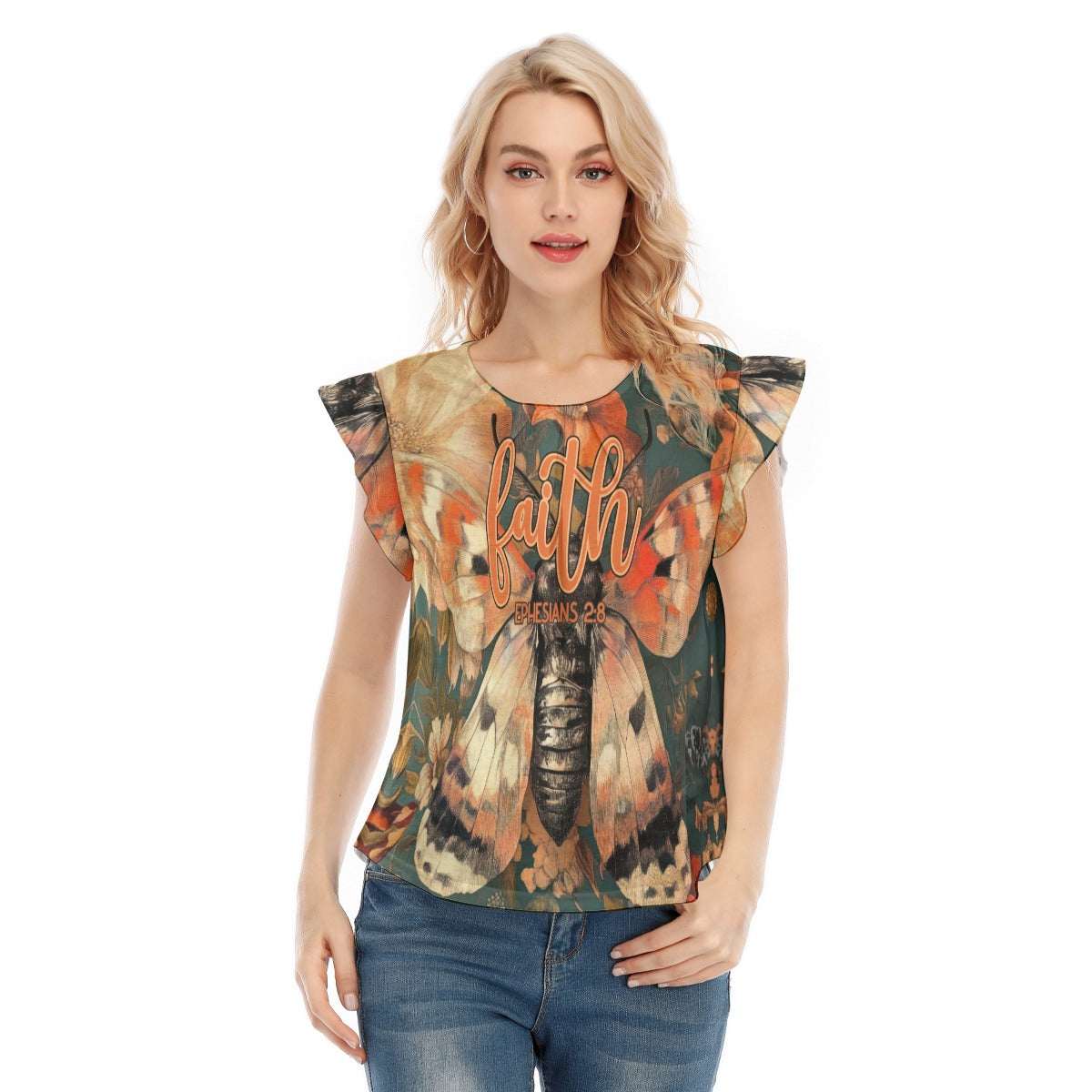 Faith Ephesians 2:8 Women's Ruffle Sleeve O-neck T-Shirt, Soft Jersey Fabric