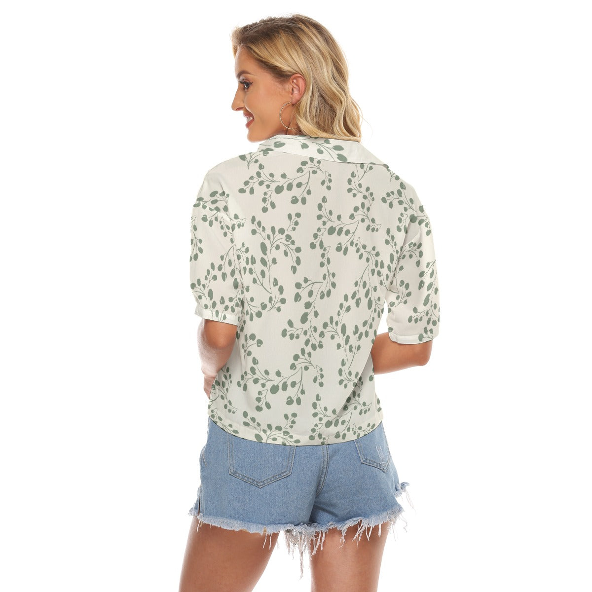 Green & White Floral Print Loose V-Neck Women's Shirt with Side Slits and Pockets