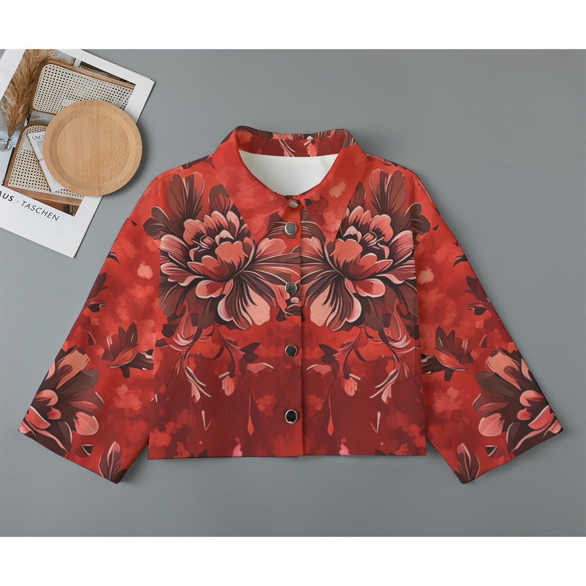 "Jesus Saves" Red Floral Women's Cropped Jacket | 245GSM Cotton