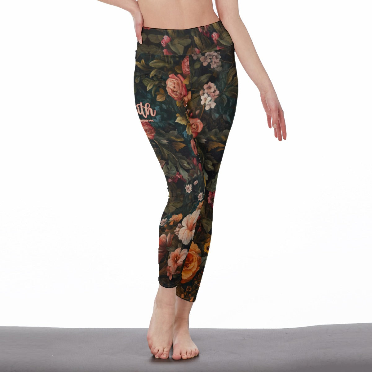 Floral Print High Waist Leggings for Women, "Faith Hebrews11:1"