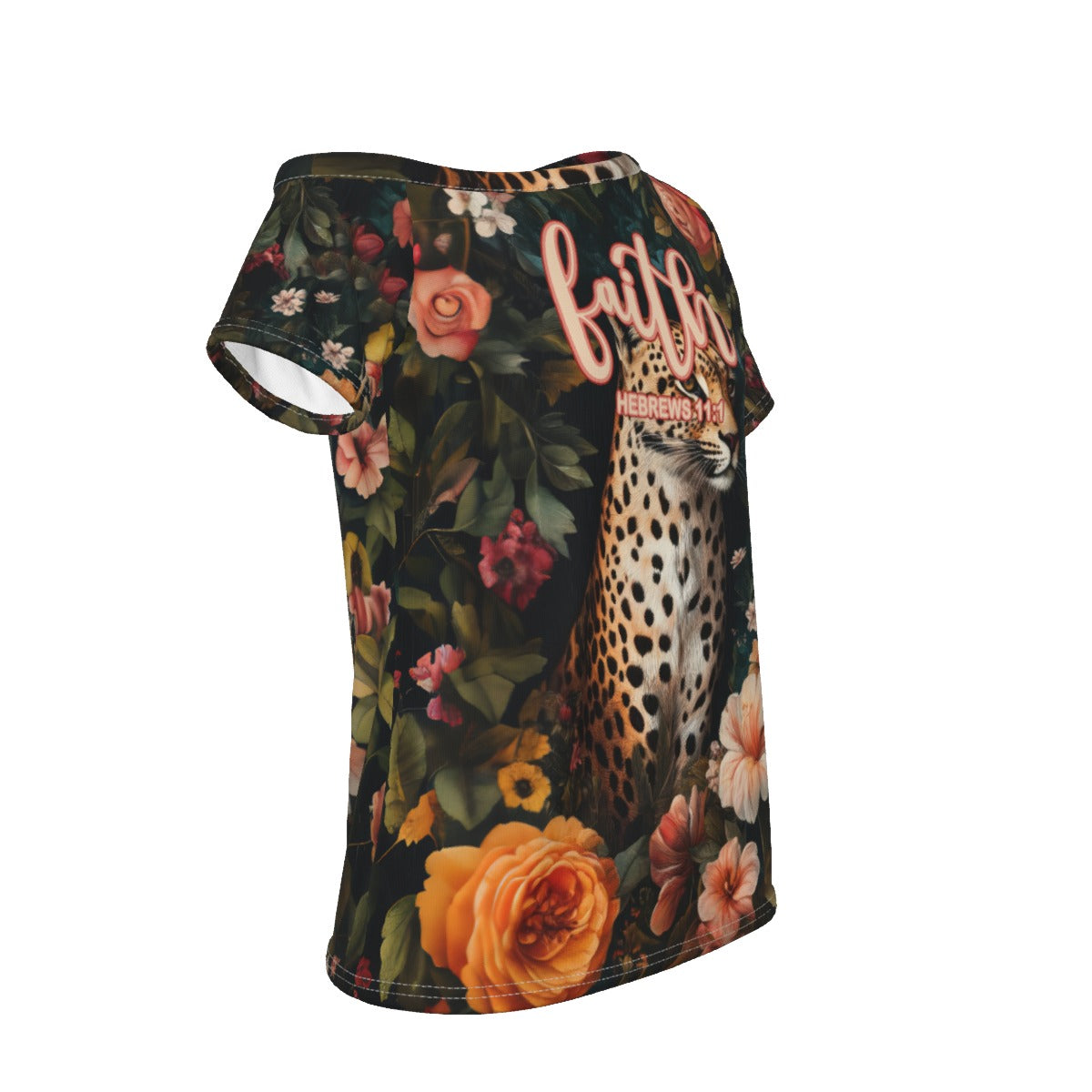 Leopard Floral Print Off-Shoulder T-shirt for Women - "Faith Hebrews 11:1"