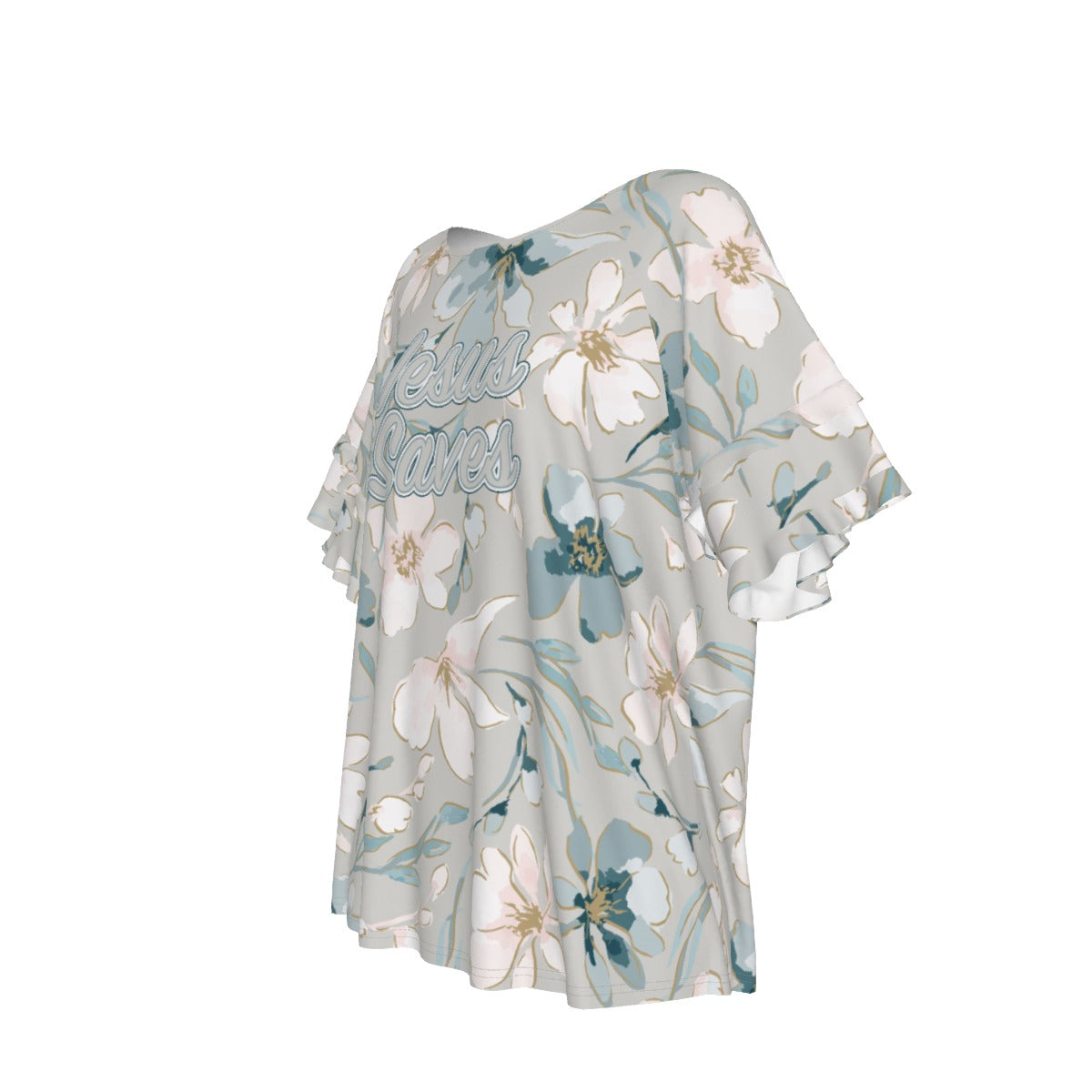 "Jesus Saves" Blue & White Floral Women's Comfortable Round Neck Raglan Sleeve T-shirt, Soft Jersey Fabric