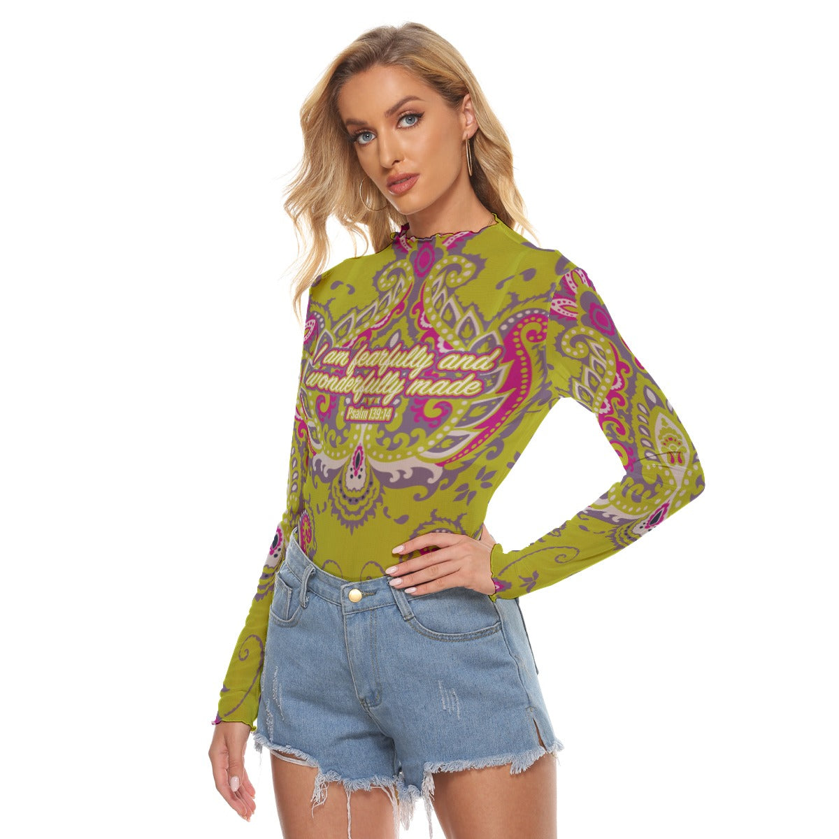 Lime Green Paisley Print Women's Mesh T-shirt "I am fearfully and wonderfully made"