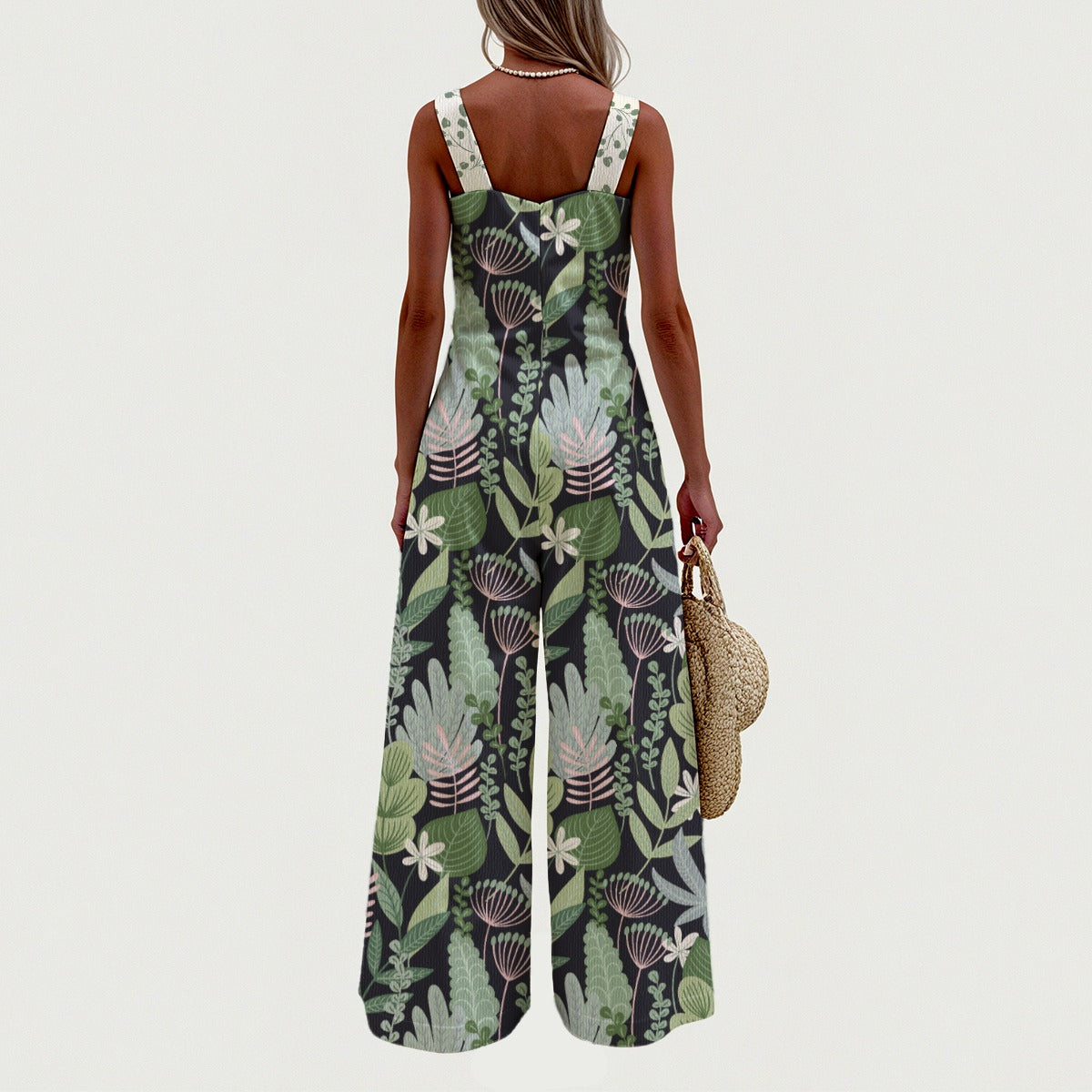 "Blessed Matthew 5:8" Green Floral Print Women's Wide-Leg Jumpsuit - Lightweight Linen-Like Polyester Loose Fit