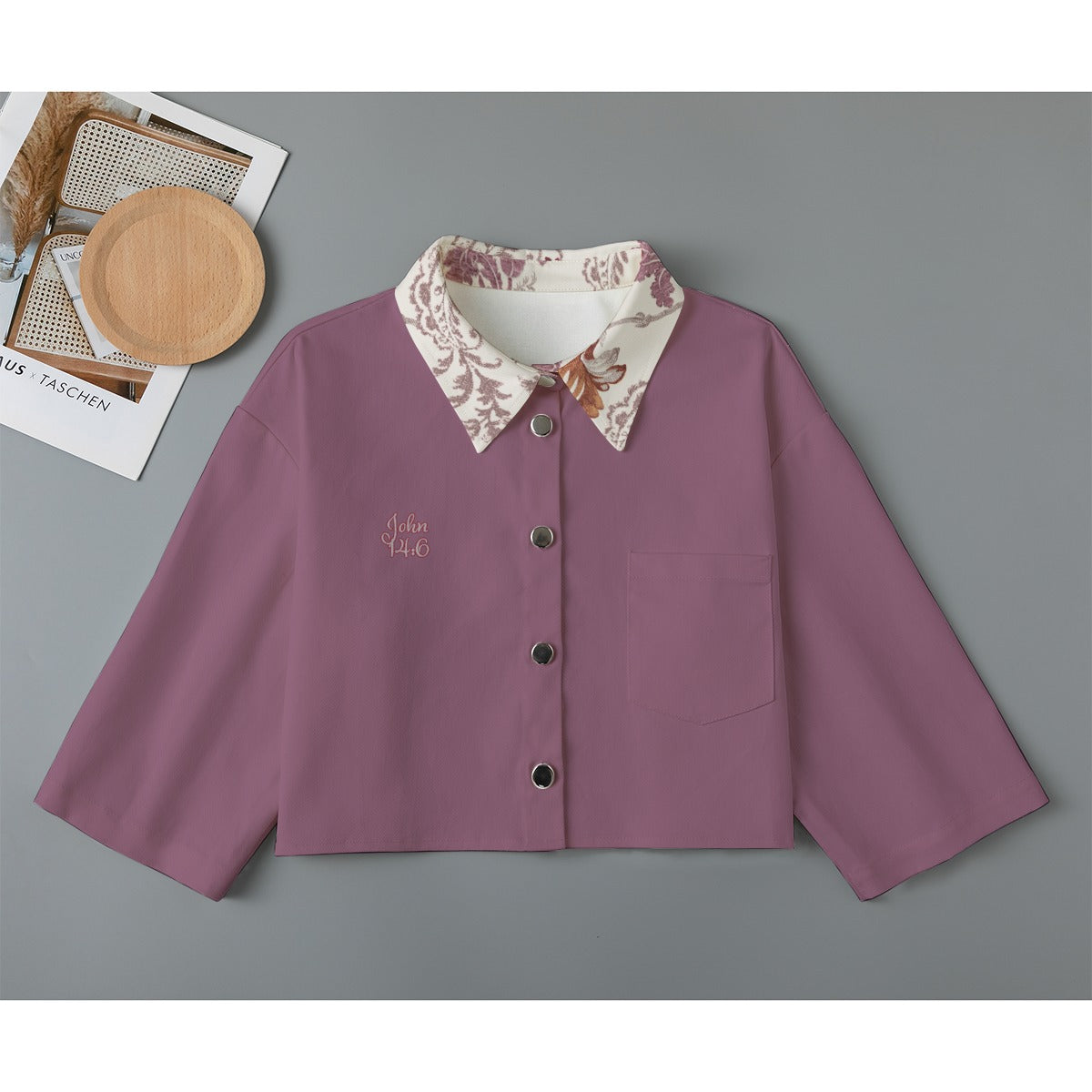 "John 14:6" Purple with Floral Collar Women's Cropped Jacket | 245GSM Cotton