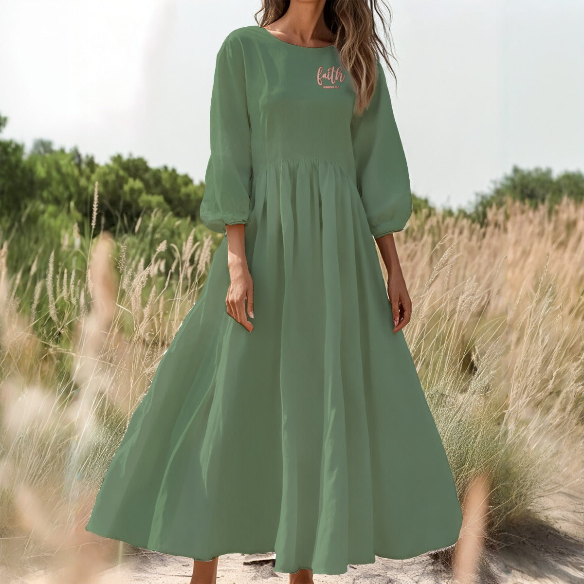 Green Women's Long Sleeve Dress with High Waist & Puff Sleeves - Faith Hebrews 11:1