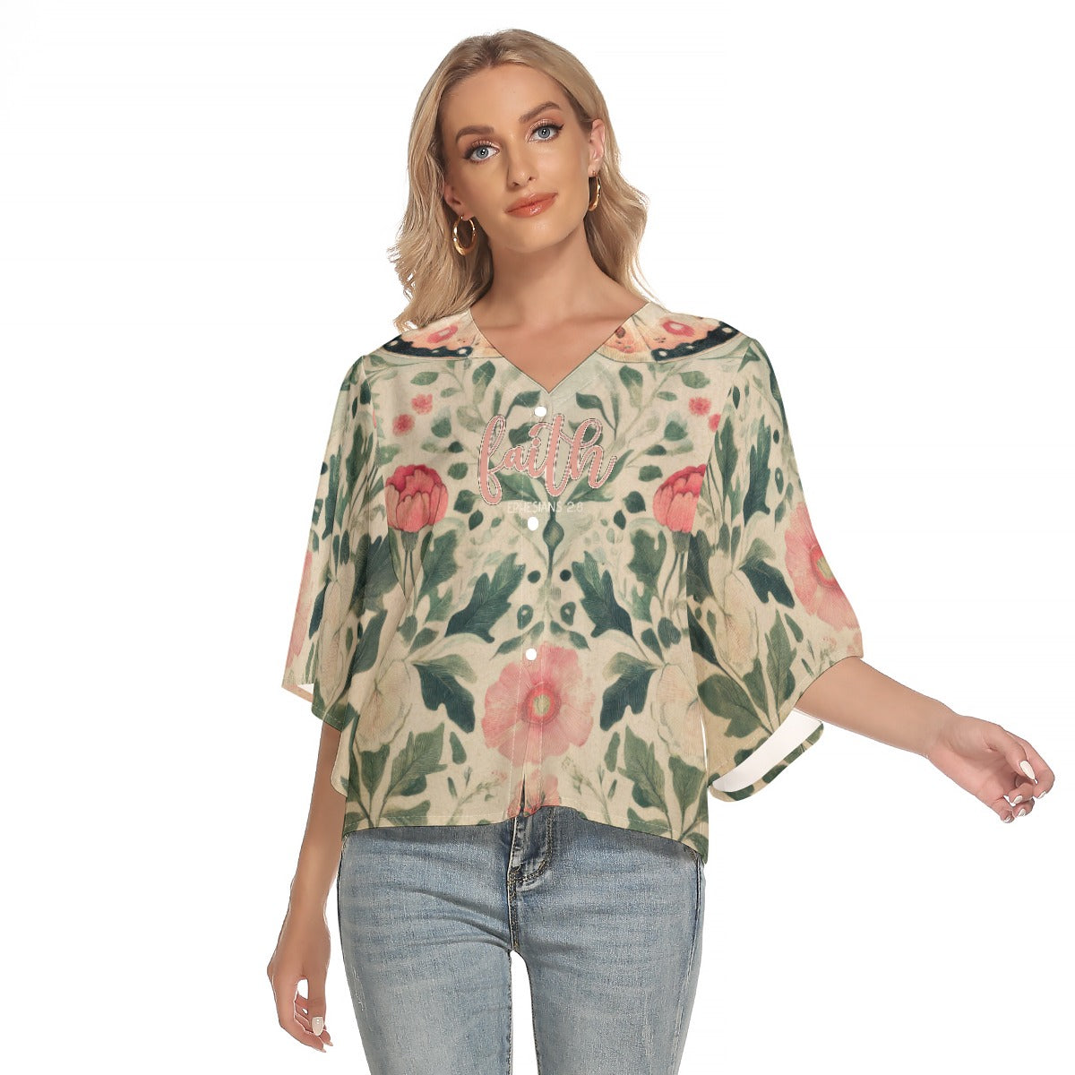 Elegant Women's Bat Sleeve V-neck Top with Faith Ephesians 2:8 Floral Butterfly Design
