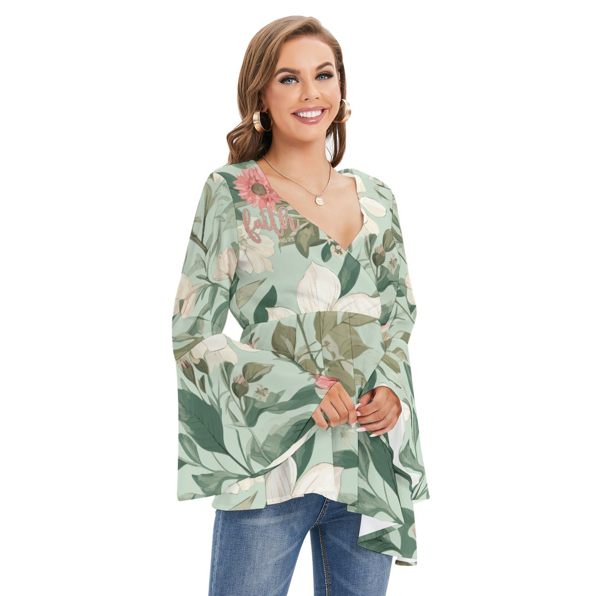 "Faith Ephesians 2:8" Women's V-neck Polyester Blouse with Flared Butterfly Sleeves