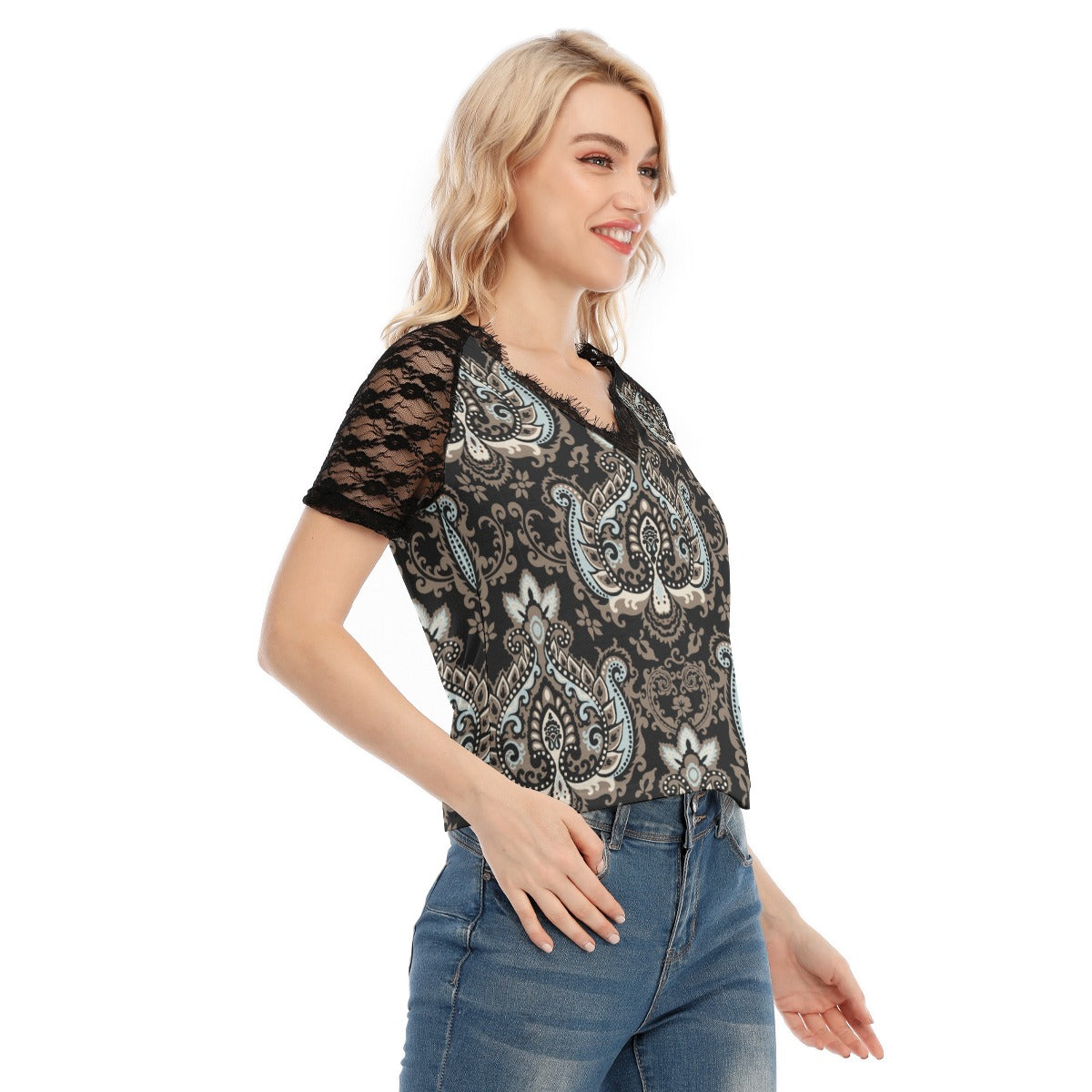 Women's Black Lace V-Neck T-Shirt Tee "I am a new creation"