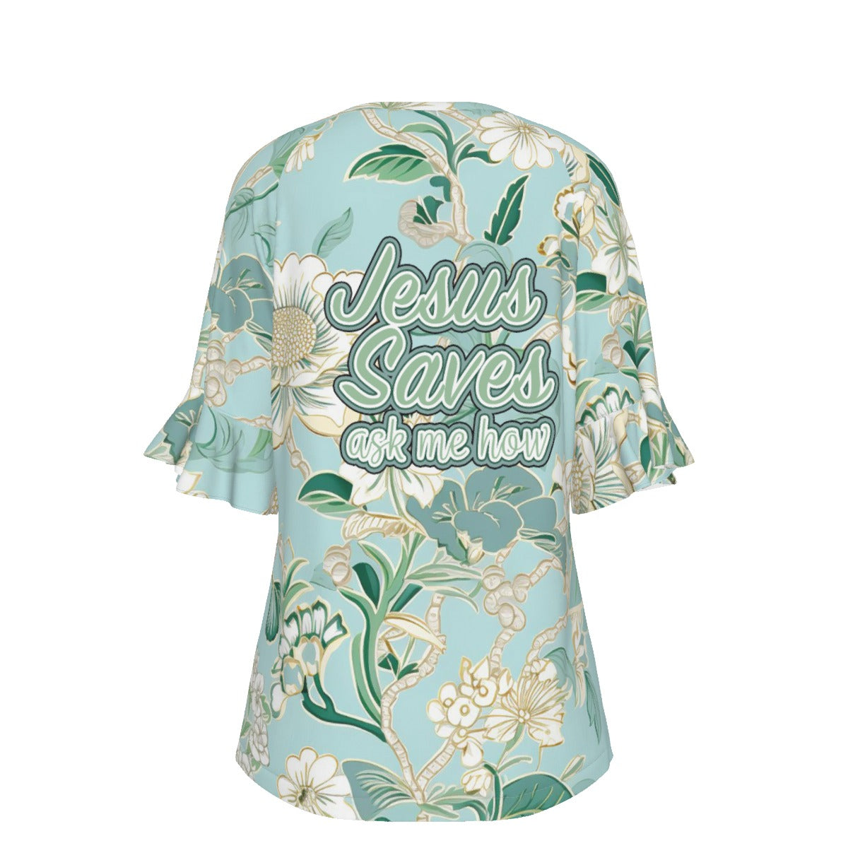 "Jesus Saves ask me how" Blue Floral V-Neck Women's T-Shirt with Bell Sleeve - Soft Jersey Fabric & Feminine Style