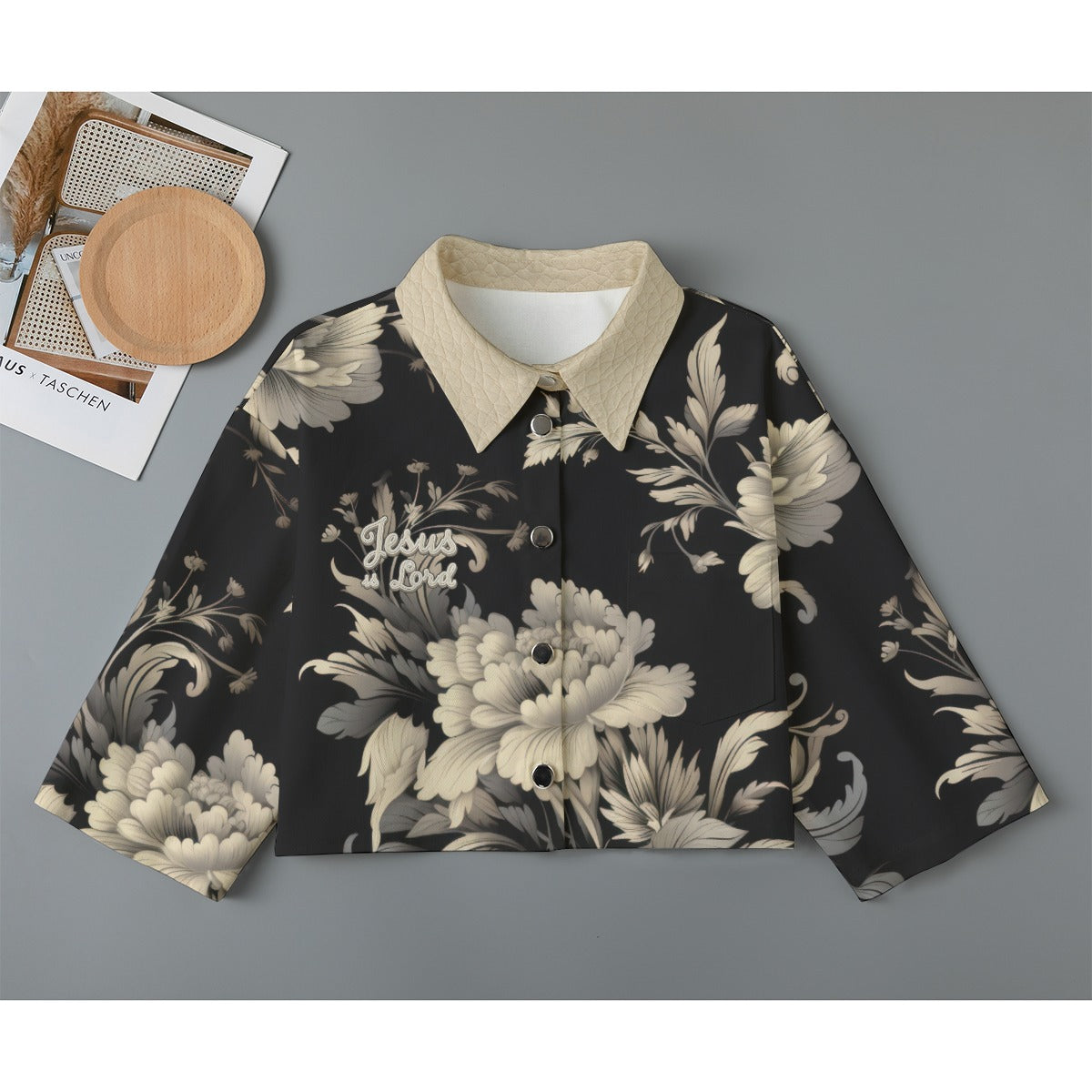 "Jesus is Lord" Black & Beige Floral Women's Cropped Jacket | 245GSM Cotton