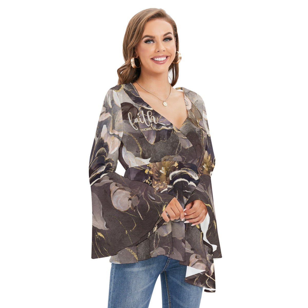 Women's V-neck Blouse With Flared Sleeves "Faith Ephesians 2:8"