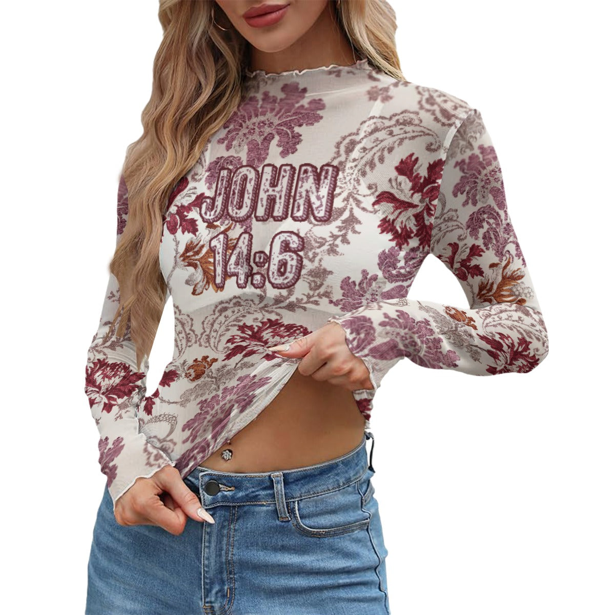 "John 14:6" Red & White Floral Print Mesh Long Sleeve T-Shirt for Women