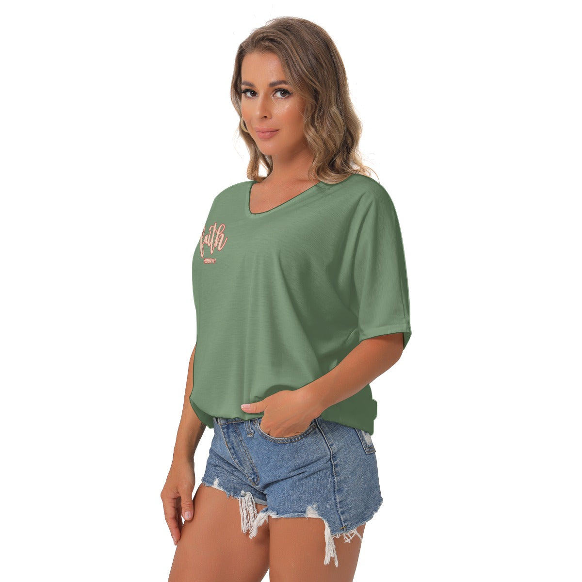 Green Women's Bat Sleeves V-Neck Blouse Faith Hebrews 11:1 Loose Comfort Jersey Top