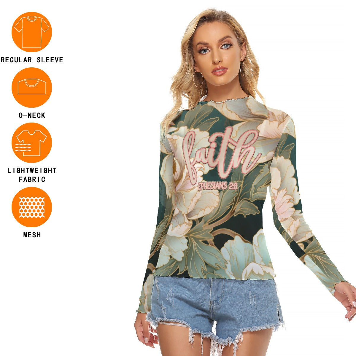 "Faith Ephesians 2:8" Floral Women's Mesh T-shirt