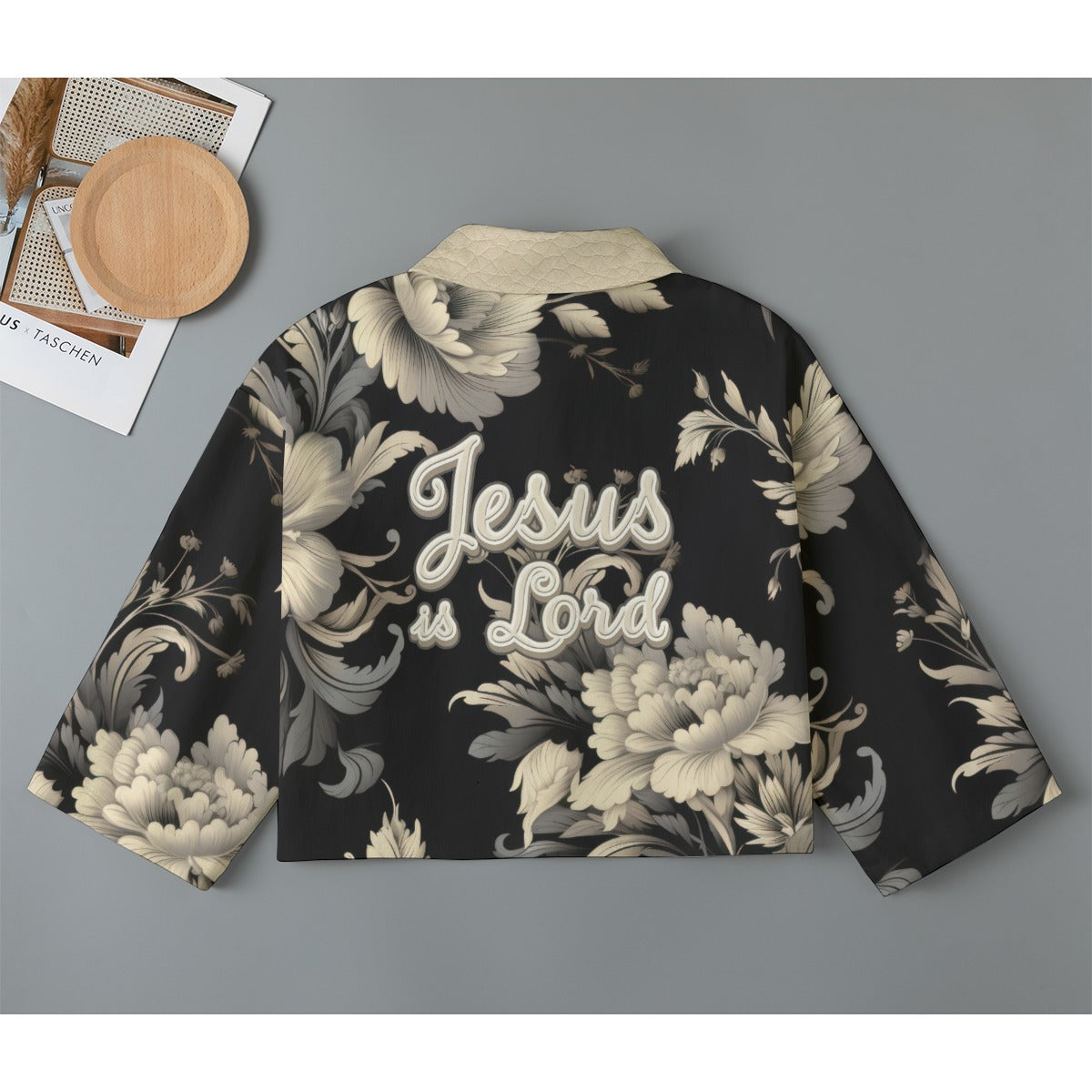 "Jesus is Lord" Black & Beige Floral Women's Cropped Jacket | 245GSM Cotton