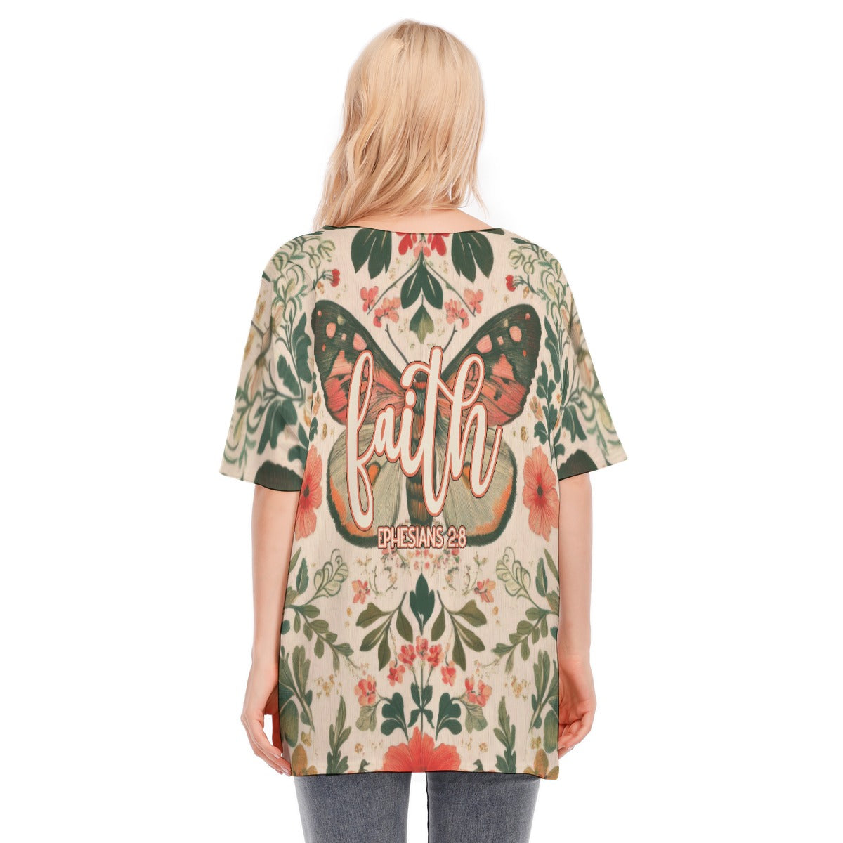 Faith Ephesians 2:8 Butterfly Floral Women's Bat Sleeve Blouse | 190GSM Cotton
