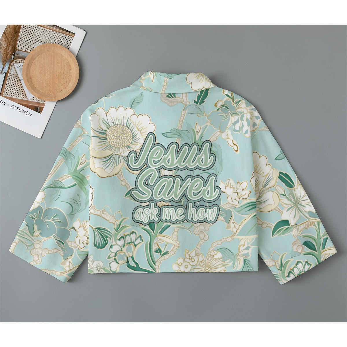 "Jesus Saves ask me how" Light Blue Floral Women's Cropped Jacket | 245GSM Cotton