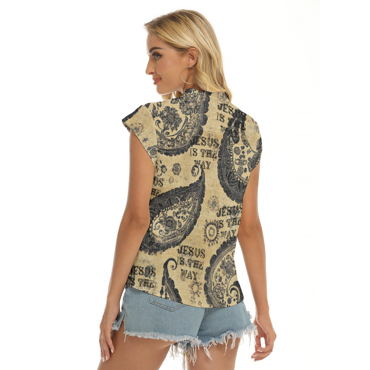 "Jesus is the way" Women's Stacked V-neck Short Sleeve Blouse with Four-way Stretch for Everyday Style