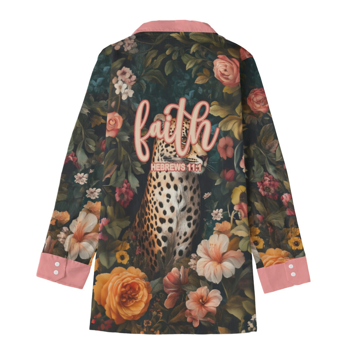 leopard Floral Pink Lapel & Cuffs Print Women's Long Shirt |115GSM Cotton poplin "Faith Hebrew 11:1"