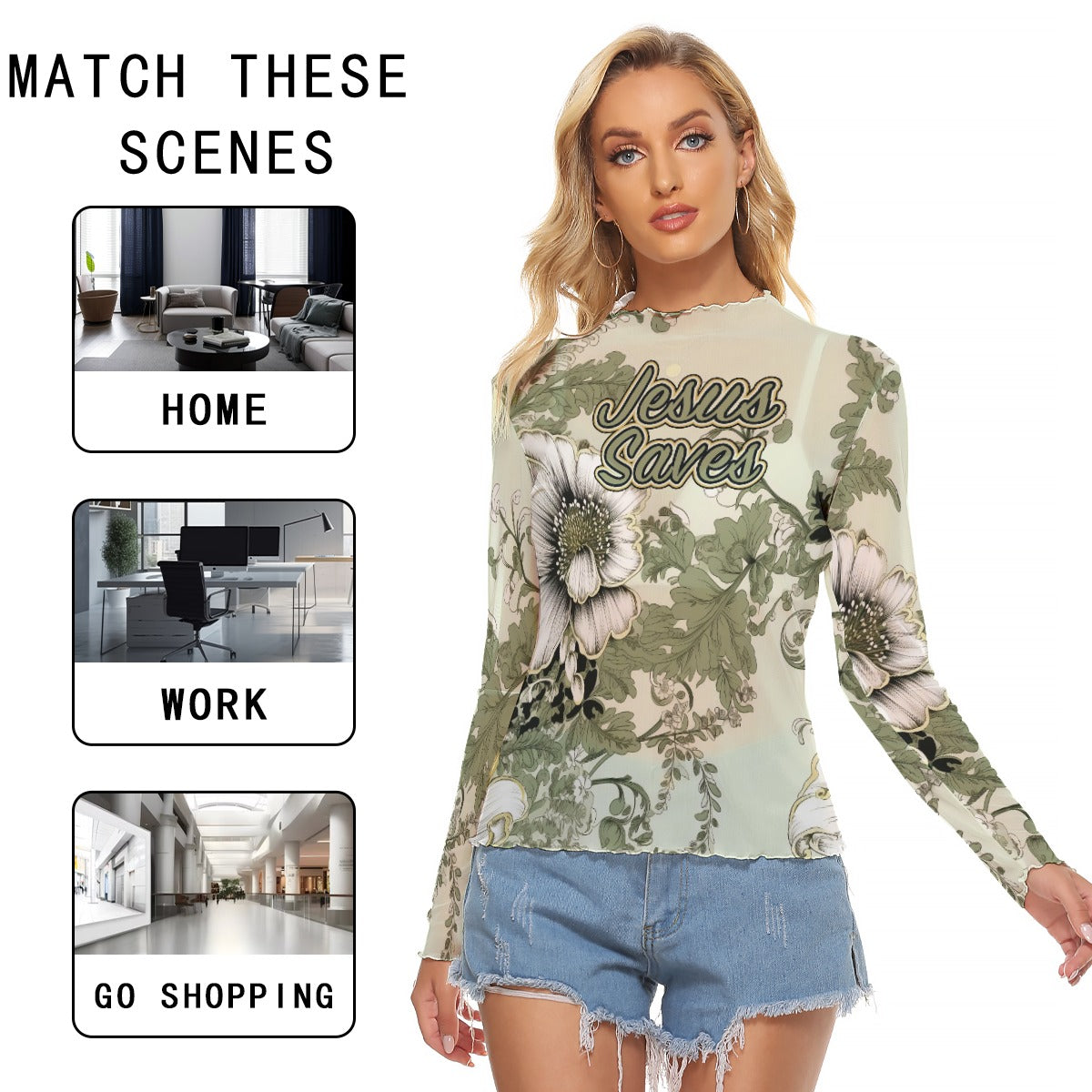 "Jesus Saves" Green & White Women's Mesh T-shirt with Long Sleeves - Breathable & Stylish Design