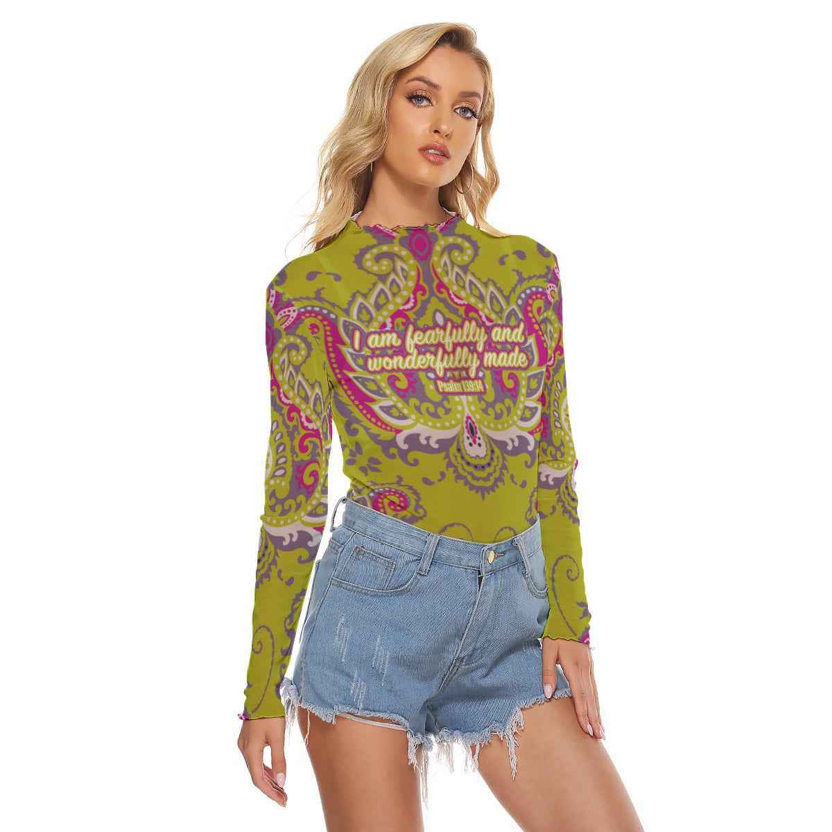 Lime Green Paisley Print Women's Mesh T-shirt "I am fearfully and wonderfully made"