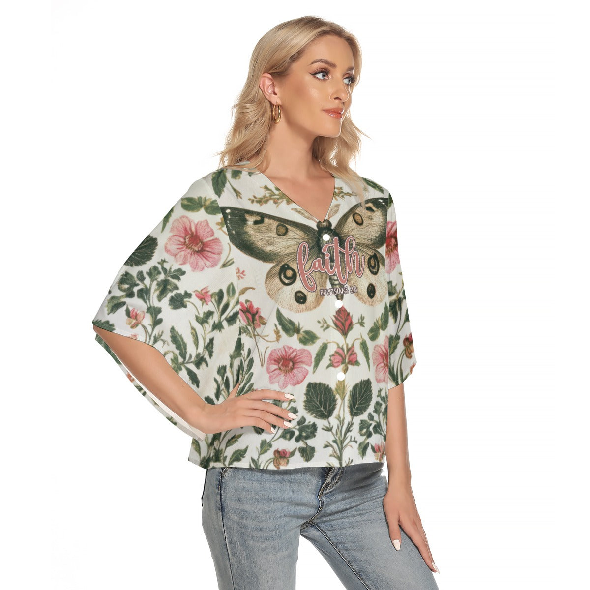 Elegant Women's Bat Sleeve V-neck Top with Faith Ephesians 2:8 Design