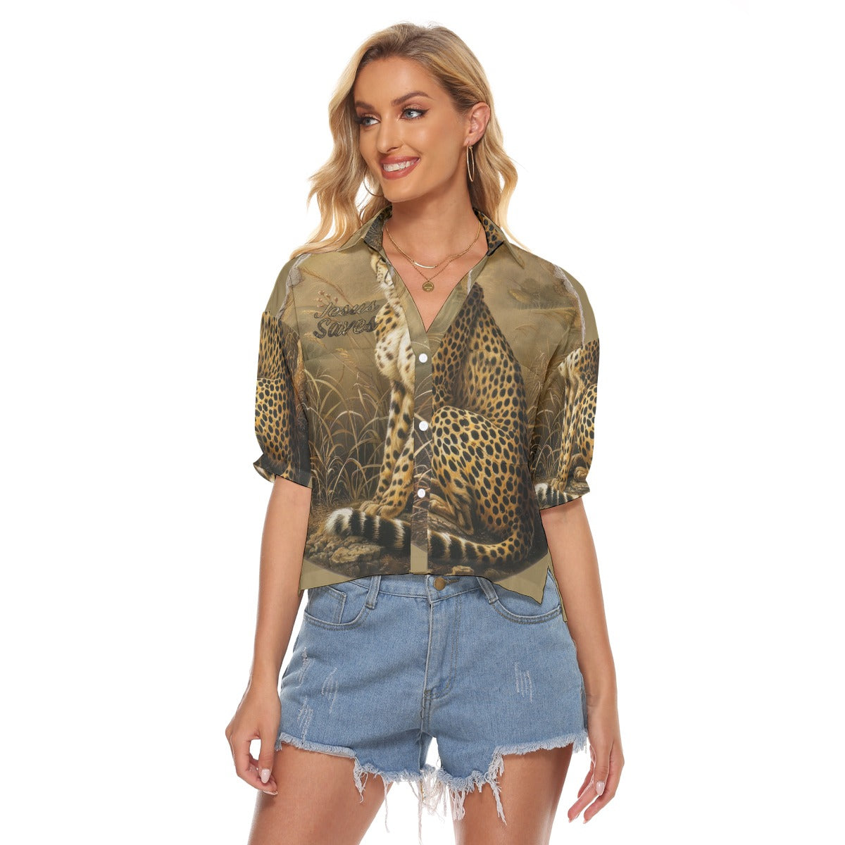 "Jesus Saves" Leopard Design Women's Fashionable V-neck Loose Fit Shirts with Side Slits and Pockets