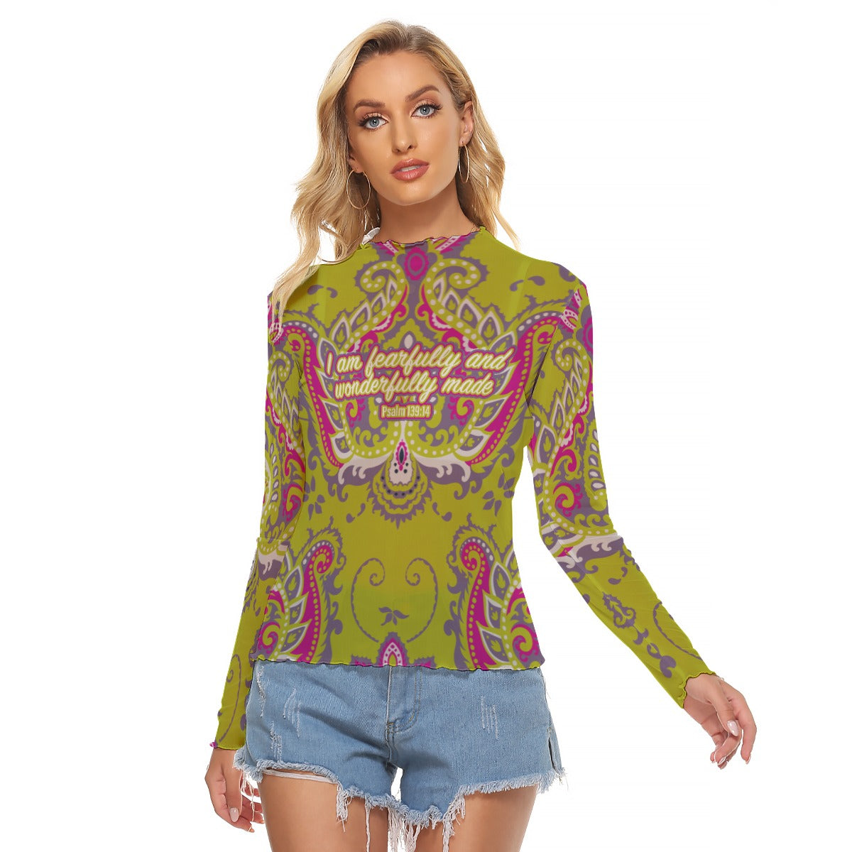 Lime Green Paisley Print Women's Mesh T-shirt "I am fearfully and wonderfully made"