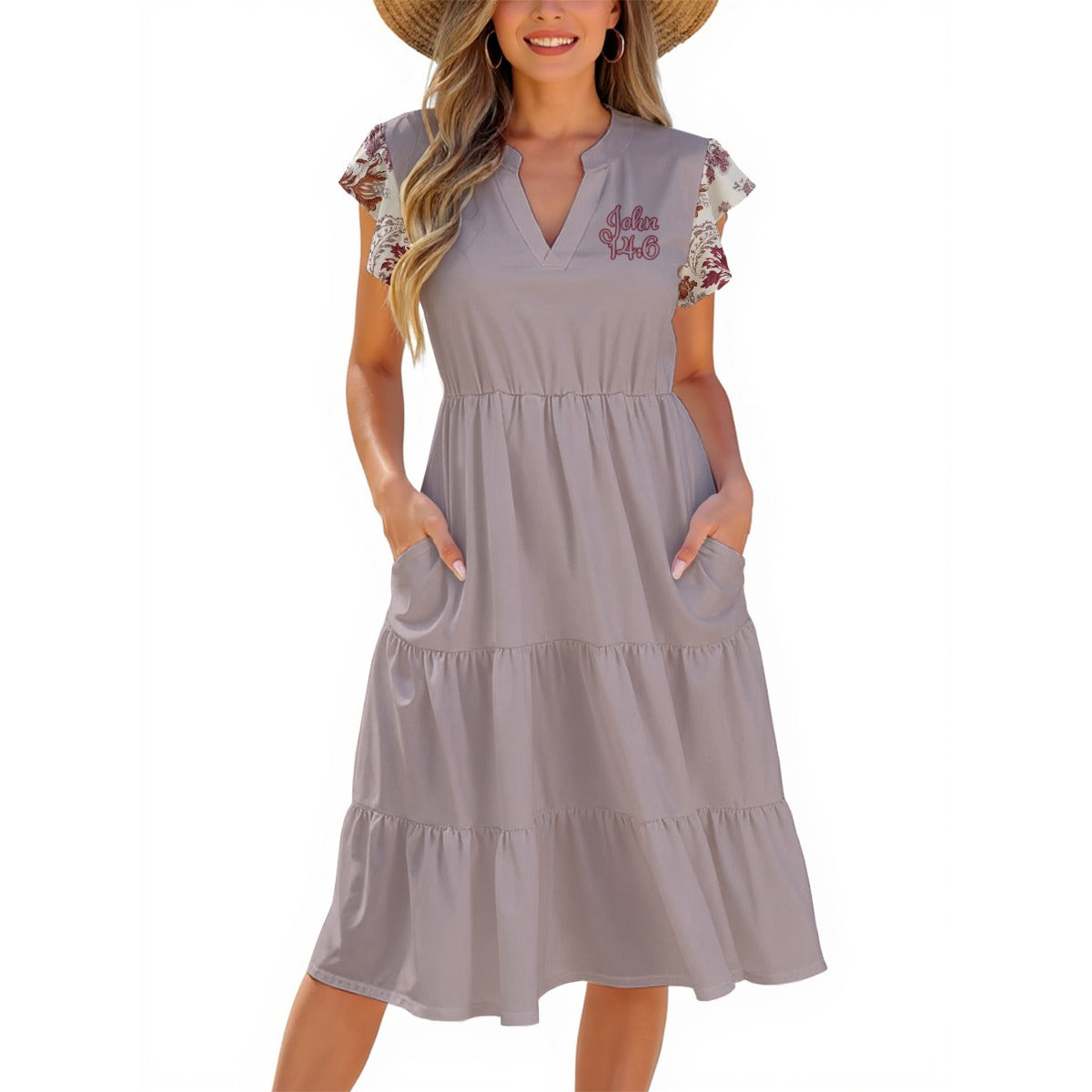 "John 14:6" Red and White Floral Print Cap Sleeve Women's Midi Dress
